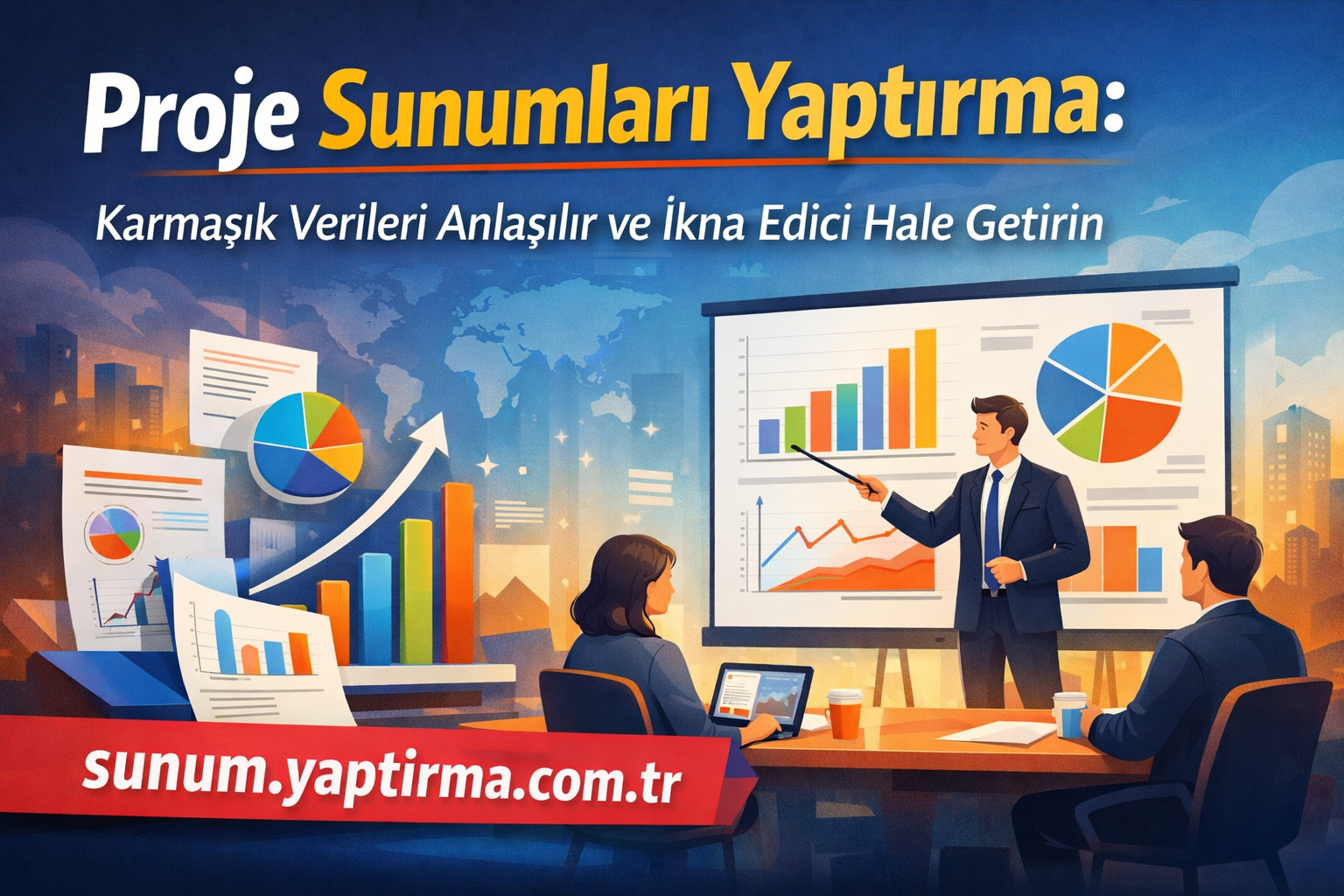 Group of professionals in a conference room presenting data: large screen with charts and a red banner showing sunum.yaptirma.com.tr.