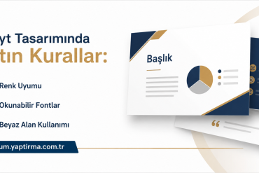 Slayt Tasarımında Altın Kurallar - Sunum Yaptırma Merkezi Turkish slide design tips poster with the title 'Altın Kurallar' and bullets for color harmony, readable fonts, and white space; decorative blue-gold cards and a bottom URL area for a presentation website.
