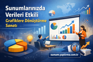 Turkish banner: 'Sunumlarınızda Verileri Etkili Grafiklere Dönüştürme Sanatı' with a presenter beside a large chart board and colorful graphs; sunum.yaptirma.com.tr is visible.