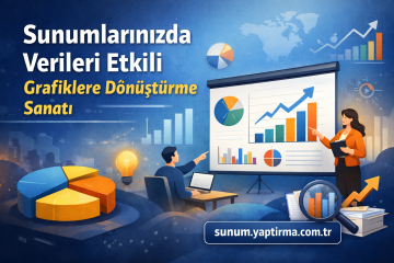 Turkish banner: 'Sunumlarınızda Verileri Etkili Grafiklere Dönüştürme Sanatı' with a presenter beside a large chart board and colorful graphs; sunum.yaptirma.com.tr is visible.