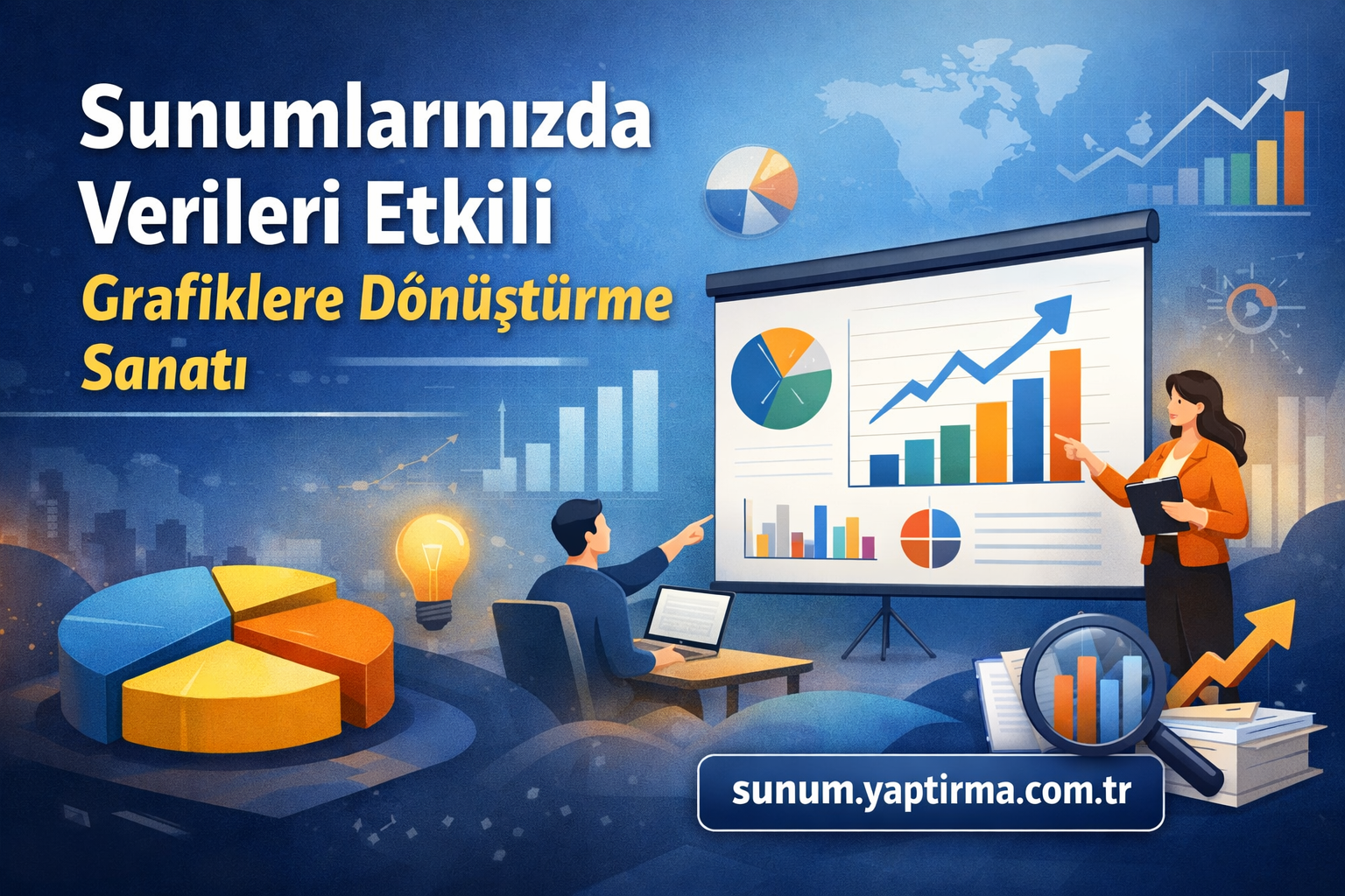 Sunumlarınızda Verileri Etkili Grafiklere Dönüştürme Sanatı - Sunum Yaptırma Merkezi Turkish banner: 'Sunumlarınızda Verileri Etkili Grafiklere Dönüştürme Sanatı' with a presenter beside a large chart board and colorful graphs; sunum.yaptirma.com.tr is visible.