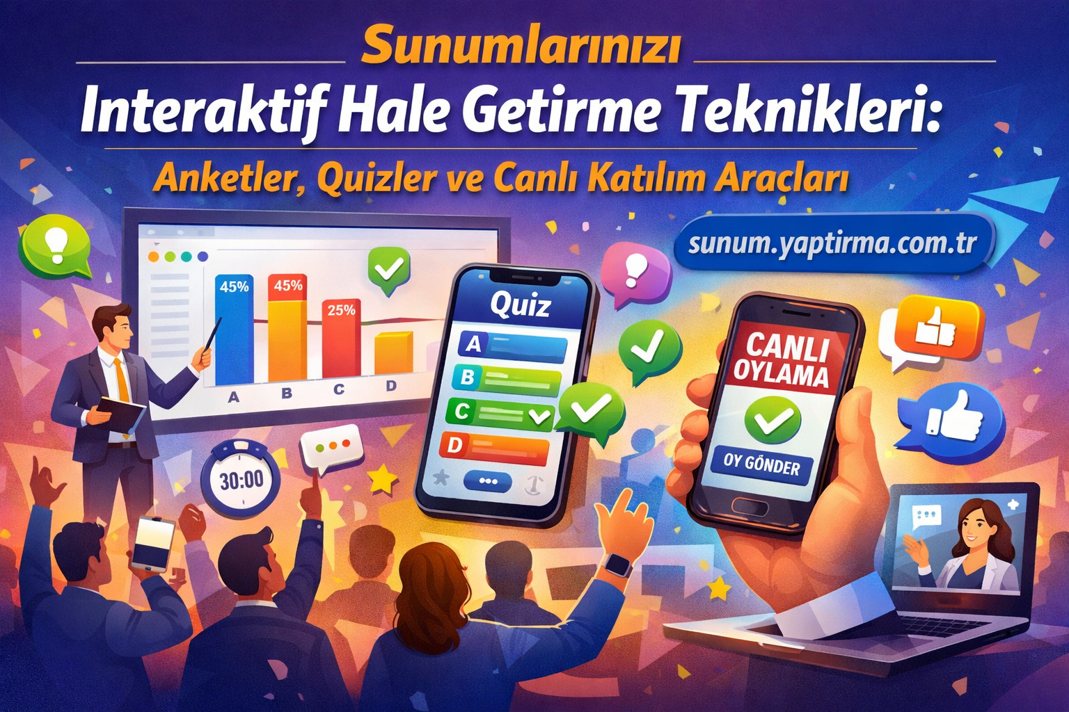 Banner announcing interactive lecture techniques with polls, quizzes, and live participation tools in Turkish: 'Sunumlarinizi Interaktif Hale Getirme Teknikleri'