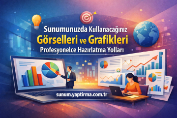 Turkish banner about preparing visuals and graphics for presentations, with charts, a presenter, and a woman at a laptop.