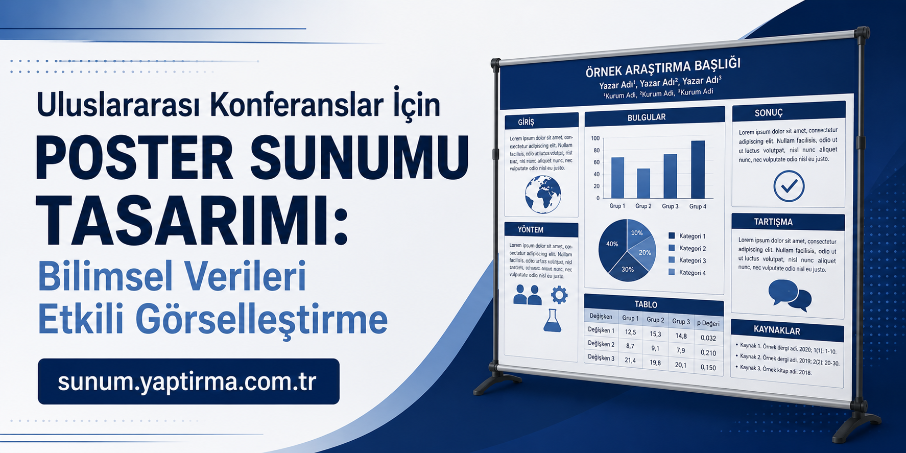 Uluslararası Konferanslar - Sunum Yaptırma Merkezi Promotional banner advertising international conference poster design with bold Turkish title and a blue data-board on the right.