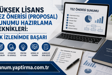 Poster advertising master's thesis proposal prep techniques in Turkish; large bold text, icons for goals, literature, method, design on a desk with a laptop showing 'Tez Önerisi Sunumu' and a notebook