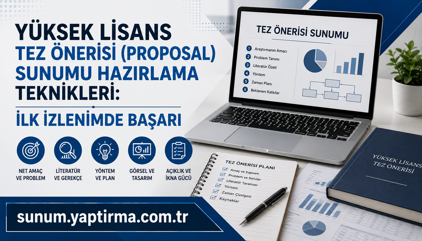 Poster advertising master's thesis proposal prep techniques in Turkish; large bold text, icons for goals, literature, method, design on a desk with a laptop showing 'Tez Önerisi Sunumu' and a notebook