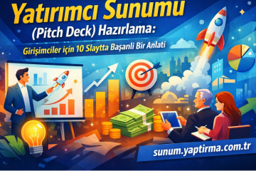 Vibrant poster showing a presenter with charts, rocket, and stacks of money promoting an investor pitch deck in Turkish.