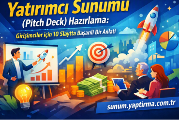 sunum - Sunum Yaptırma Merkezi Vibrant poster showing a presenter with charts, rocket, and stacks of money promoting an investor pitch deck in Turkish.