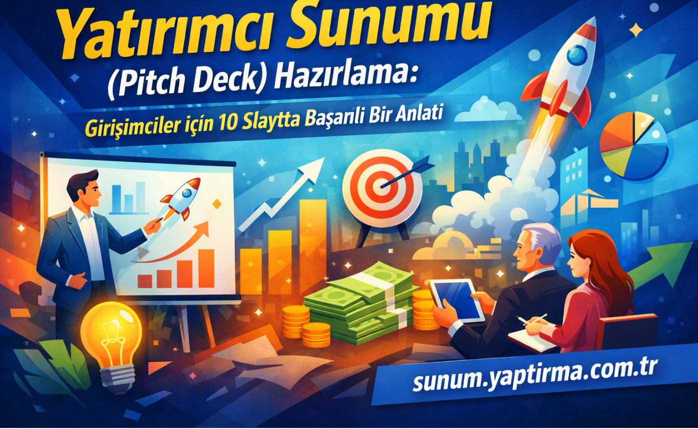 Vibrant poster showing a presenter with charts, rocket, and stacks of money promoting an investor pitch deck in Turkish.