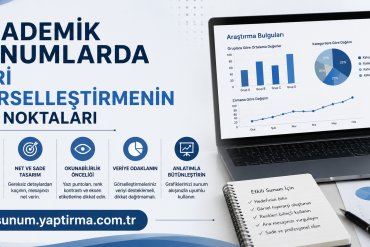 Akademik Sunumlarda Veri Görselleştirmenin Püf Noktaları - Sunum Yaptırma Merkezi Turkish promotional banner for academic presentations; large left-side text, a laptop with charts on the right, and a blue site link at the bottom.