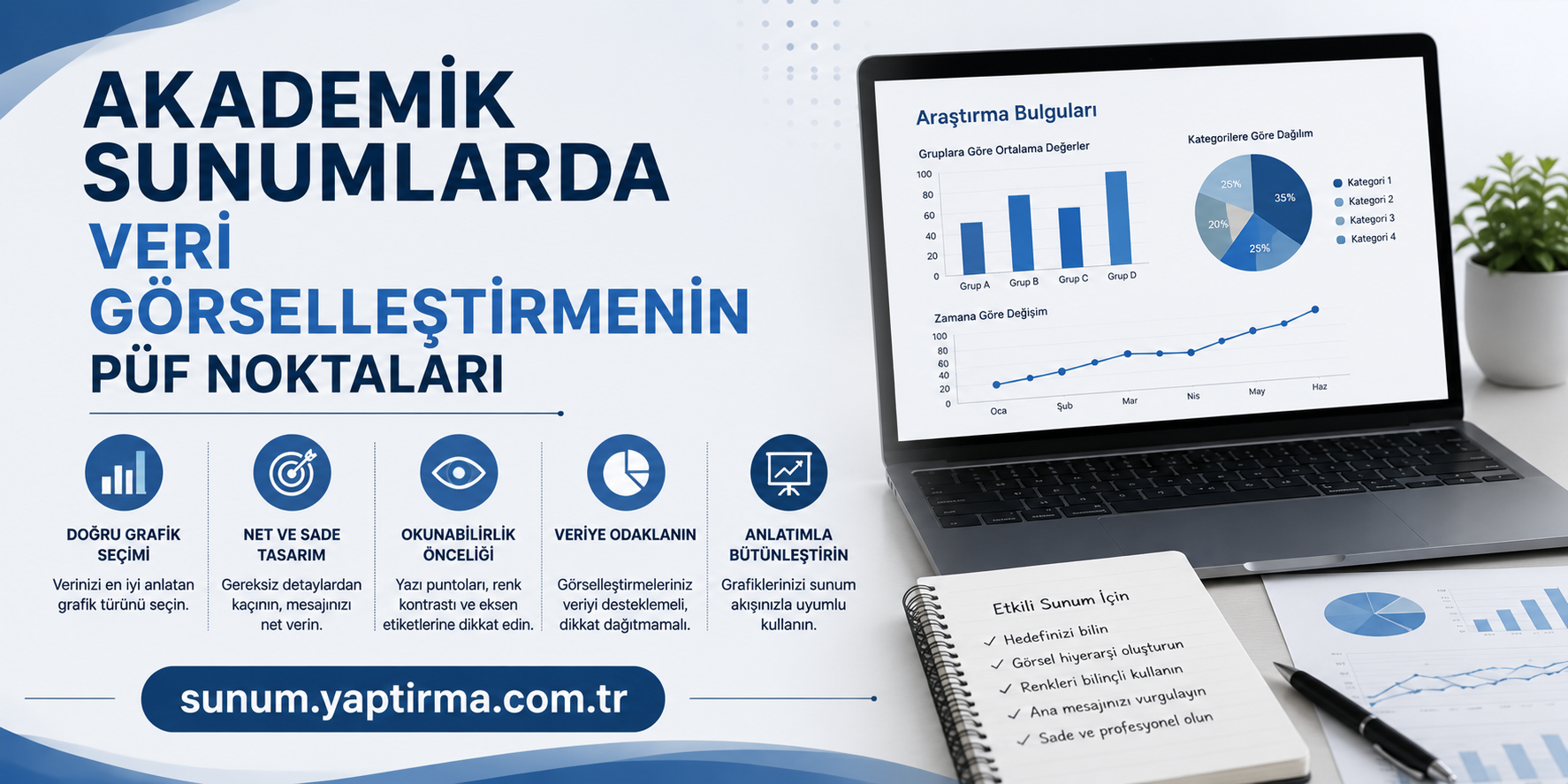 Akademik Sunumlarda Veri Görselleştirmenin Püf Noktaları - Sunum Yaptırma Merkezi Turkish promotional banner for academic presentations; large left-side text, a laptop with charts on the right, and a blue site link at the bottom.