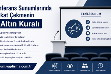 Türkçe sunum afişi: '7 Altın Kuralı' başlığıyla 1–7 maddeli liste ve etkili sunum slaytı.