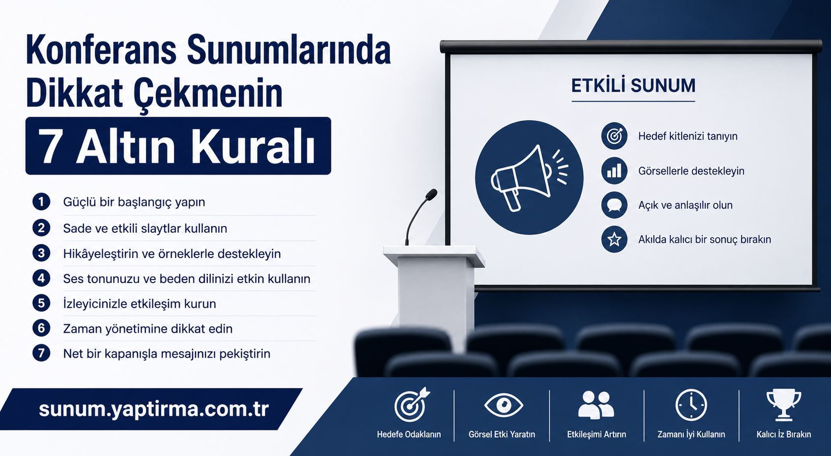 Türkçe sunum afişi: '7 Altın Kuralı' başlığıyla 1–7 maddeli liste ve etkili sunum slaytı.