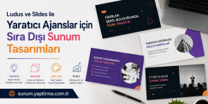 Collage of promotional slides for a creative agency: bold Turkish headline, colorful cards, laptop, and a pen on a light desk.