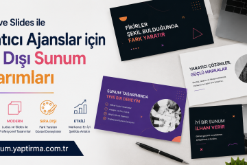 Collage of promotional slides for a creative agency: bold Turkish headline, colorful cards, laptop, and a pen on a light desk.