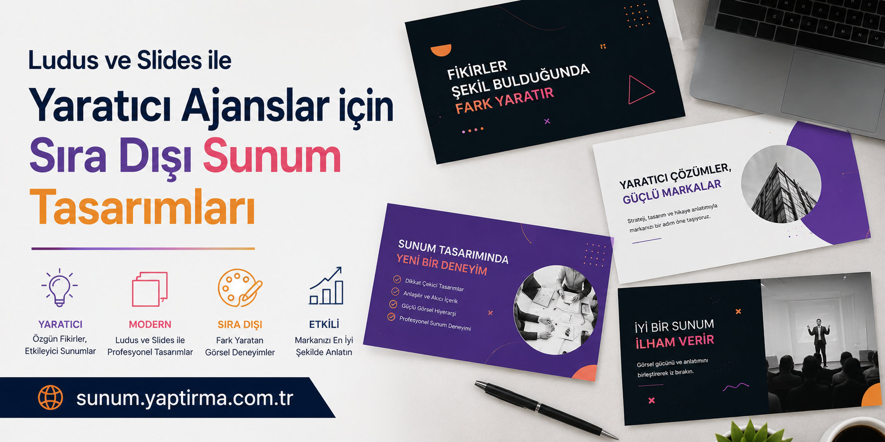 Collage of promotional slides for a creative agency: bold Turkish headline, colorful cards, laptop, and a pen on a light desk.