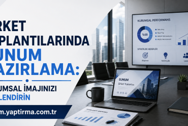 Turkish business banner promoting presentation preparation for company meetings, with a laptop and charts in a modern office.