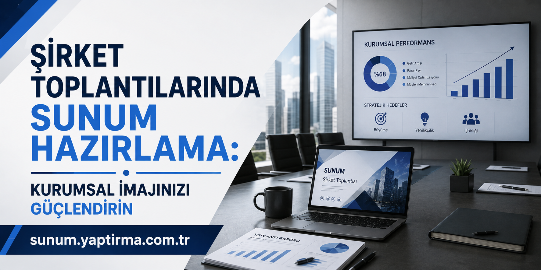 Turkish business banner promoting presentation preparation for company meetings, with a laptop and charts in a modern office.